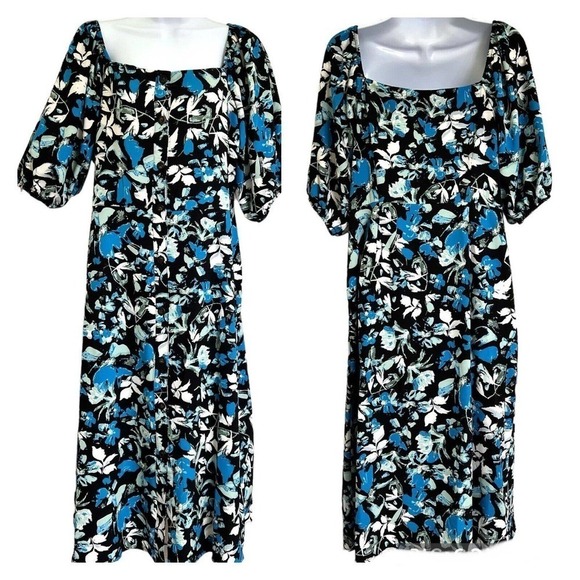 Ophelia Roe Floral Button Front Puff Short Sleeves Midi Dress Size L - Picture 3 of 16